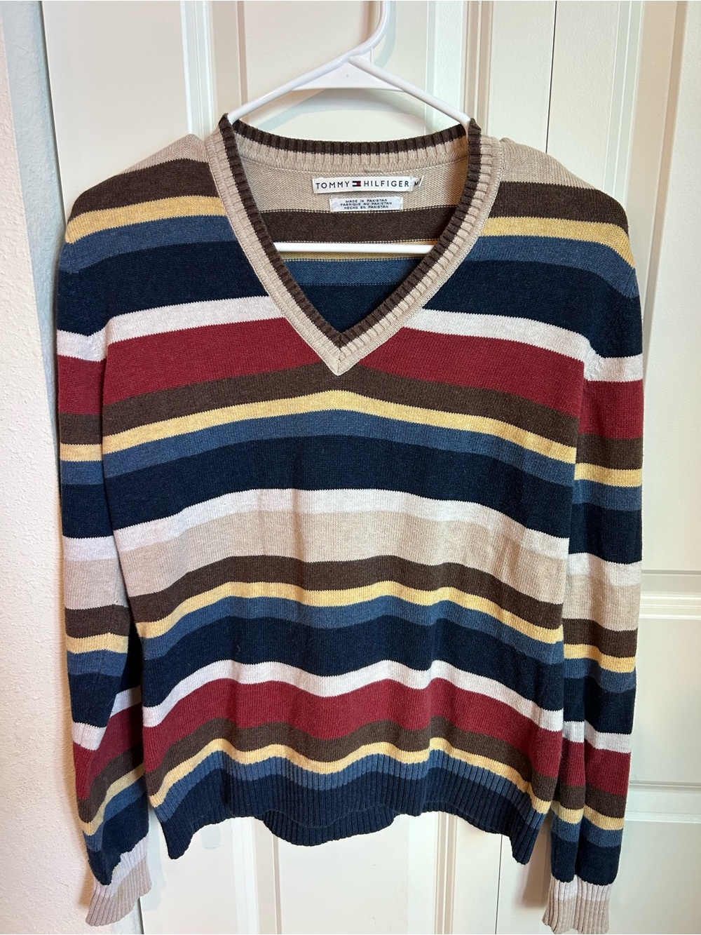 Y2K Tommy Hilfiger Striped V-Neck Sweater in Navy, Red, Cream, Brown and Yellow